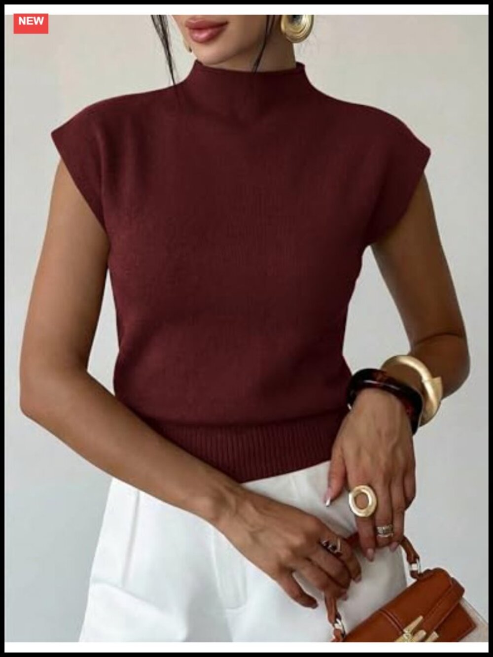 Wool Blend Mock Neck Sleeveless Sweater Pullover Women's Knit Summer Top - Picture 3 of 5